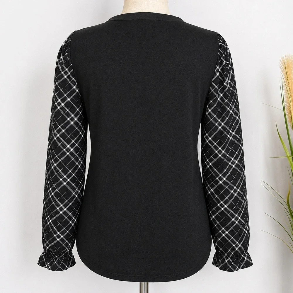 LOFT NEW Black Plaid Henley Mixed Media Blouson Shirt Top SZ Large Academia